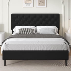4 EVER WINNER Queen Bed Frame, Queen Upholstered Platform Bed with Button Tufted Headboard, Black