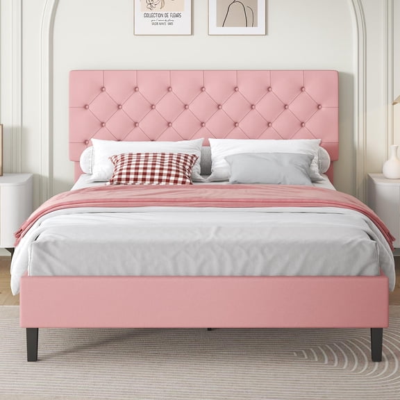 4 EVER WINNER Queen Bed Frame, Queen Upholstered Platform Bed with Button Tufted Headboard, Pink Queen Bed Frame, Pink