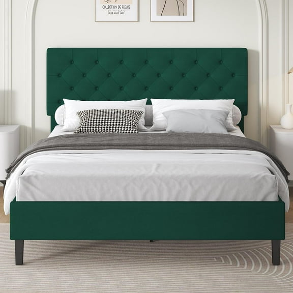 4 EVER WINNER Queen Bed Frame, Queen Upholstered Platform Bed with Button Tufted Headboard, Green