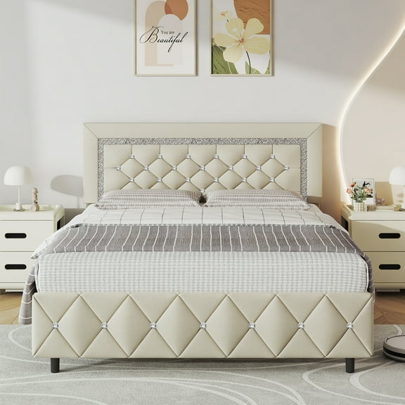 4 EVER WINNER Queen Bed Frame, Upholstered Platform Bed Frame with Headboard and Footboard, Diamond Headboard and Footboard Design, Beige