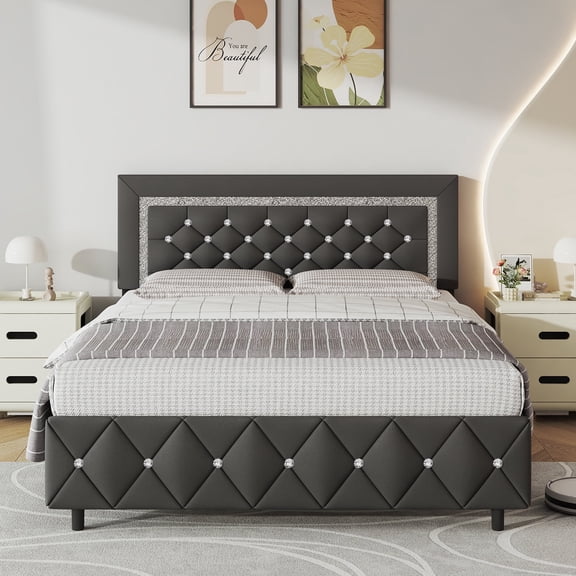 4 EVER WINNER Queen Bed Frame, Upholstered Platform Bed Frame with Headboard and Footboard, Diamond Headboard and Footboard Design, Gray