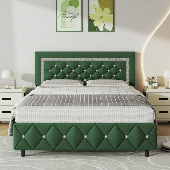 4 EVER WINNER Queen Bed Frame, Upholstered Platform Bed Frame with Headboard and Footboard, Diamond Headboard and Footboard Design, Green