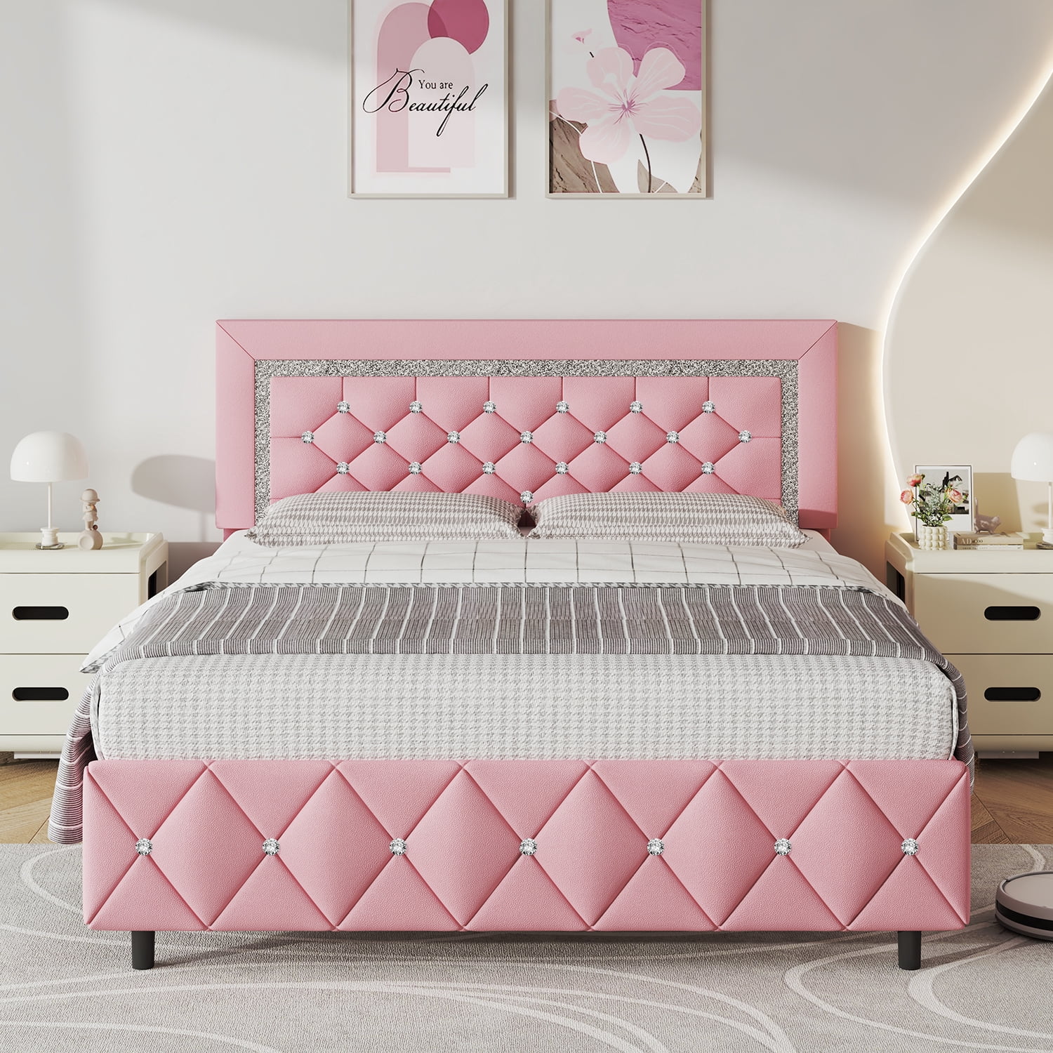 4 EVER WINNER Queen Bed Frame, Upholstered Platform Bed Frame with Headboard and Footboard, Diamond Headboard and Footboard Design, Pink
