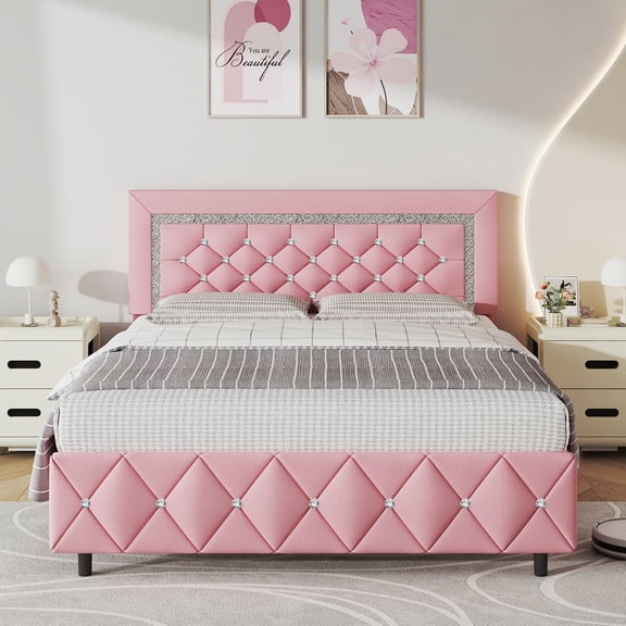 4 EVER WINNER Queen Bed Frame, Upholstered Platform Bed Frame with Headboard and Footboard, Diamond Headboard and Footboard Design, Pink