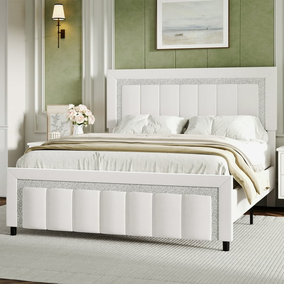 4 EVER WINNER Queen Bed Frame, Velvet Upholstered Bed Frame with Diamond Headboard, White Queen Size Bed Frame, White
