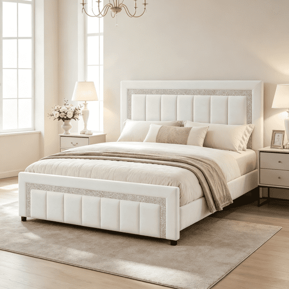 4 Ever Winner Queen Bed Frame, Velvet Upholstered Bed Frame with Diamond Headboard, White Queen Size Bed Frame, White