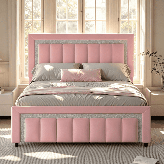 4 Ever Winner Queen Bed Frame, Velvet Upholstered Bed Frame with Diamond Headboard and Footboard, Pink Queen Size Bed Frame, Princess Bed, Pink