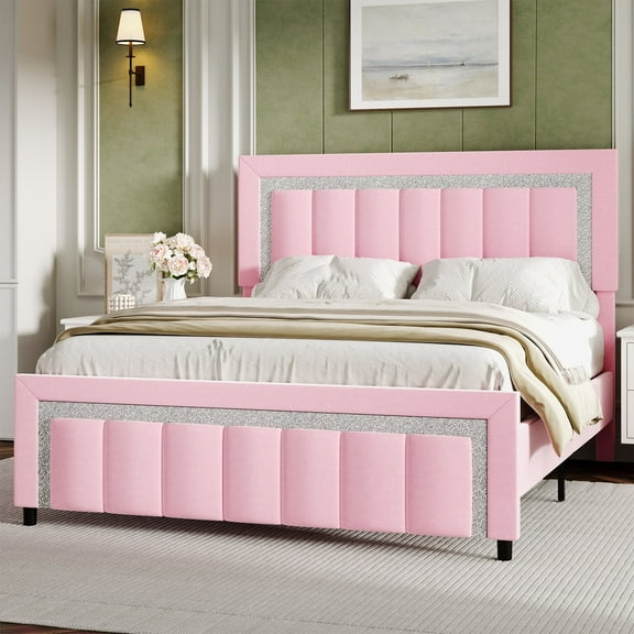 4 EVER WINNER Queen Bed Frame, Velvet Upholstered Bed Frame with Diamond Headboard and Footboard, Pink Queen Size Bed Frame, Princess Bed, Pink
