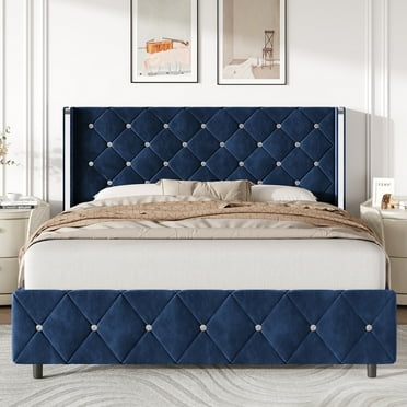 4 EVER WINNER Queen Bed Frame, Velvet Upholstered Platform Bed Frame with Diamond Tufted Headboard and Wingback, Blue