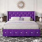 4 Ever Winner Queen Bed Frame, Velvet Upholstered Platform with Diamond Tufted Wingback Headboard, Easy Assembly, No Box Spring Required, Purple