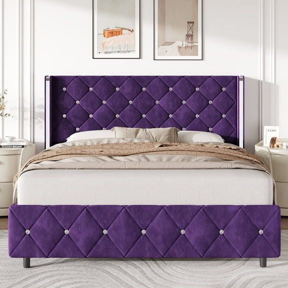 4 EVER WINNER Queen Bed Frame, Velvet Upholstered Platform Bed Frame with Diamond Tufted Headboard and Wingback, Purple