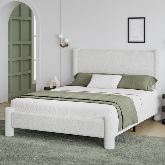 4 EVER WINNER Queen Bed Frame, White Queen Bed Frame, Upholstered Queen Bed with Rounded Legs, Boucle Bed Frame with Headborad, White