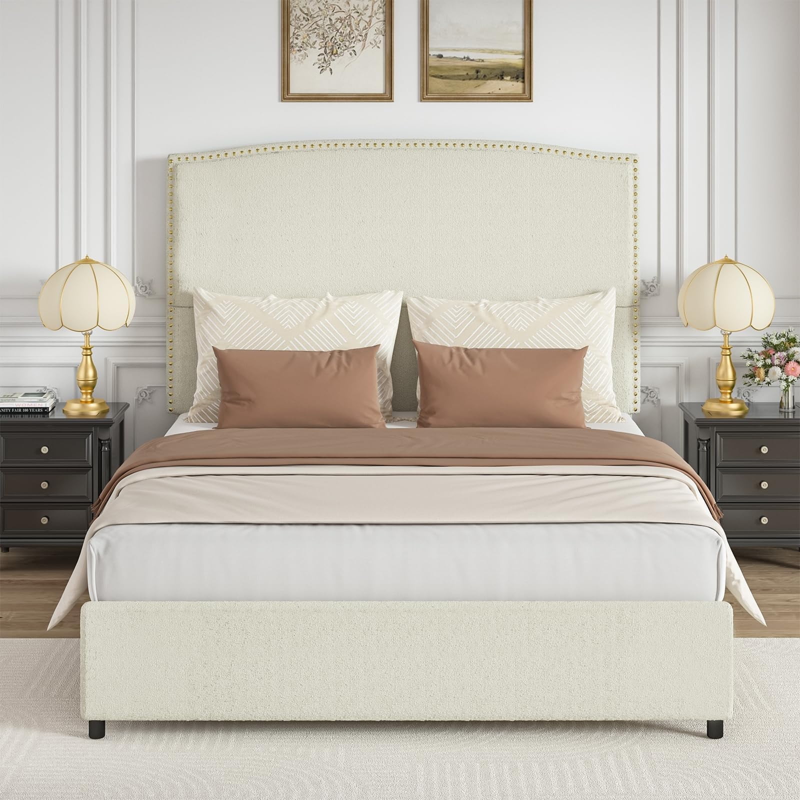 4 EVER WINNER Queen Bed Frame with 56" Tall Headboard, Queen Size Bed Fwith Nailhead Trim Headboard, Queen Upholstered Platform Bed, Beige