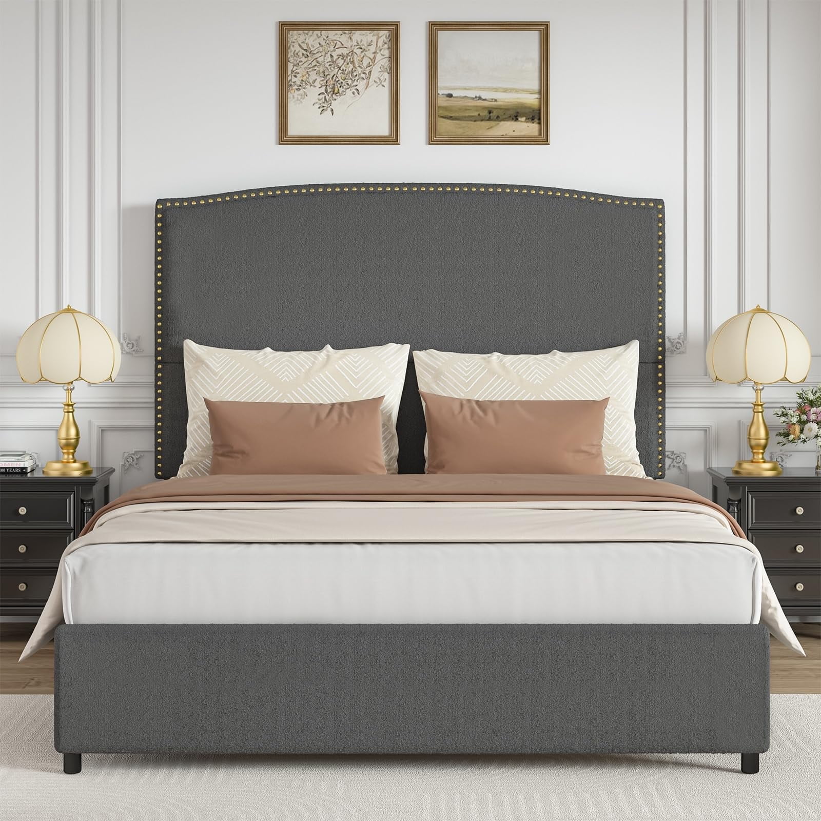 4 EVER WINNER Queen Bed Frame with 56" Tall Headboard, Queen Size Bed Fwith Nailhead Trim Headboard, Queen Upholstered Platform Bed, Grey