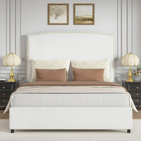 4 EVER WINNER Queen Bed Frame with 56" Tall Headboard, White Queen Bed Frame with Nailhead Trim Headboard, Queen Size Upholstered Platform Bed, White