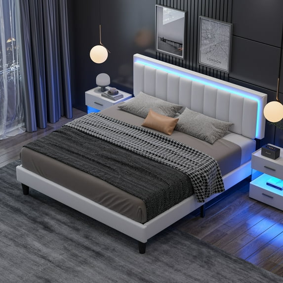 4 EVER WINNER Queen Bed Frame with LED Light, Upholstered Platform Bed Frame with Headboard, White