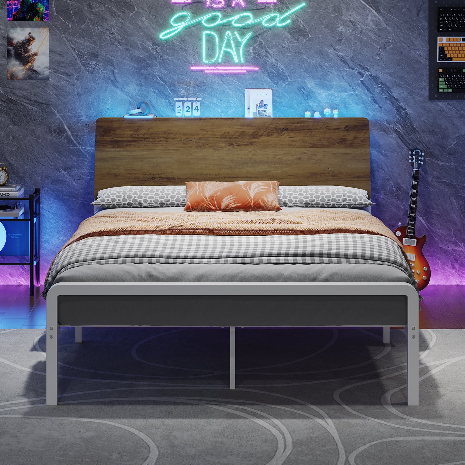 4 EVER WINNER Queen Bed Frame with Storage Headboard and LED Light, Metal Platform Bed Frame with Wooden Headboard, No Box Spring, Brown and White