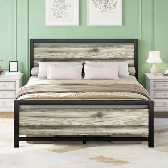 4 Ever Winner Queen Bed Frames with Headboard, Industrial Style Queen Bed Frame with Storage, Queen Size Bed Frames with Wooden Footboard, No Box Spring Needed, Noise-Free, Easy Assembly, Grey