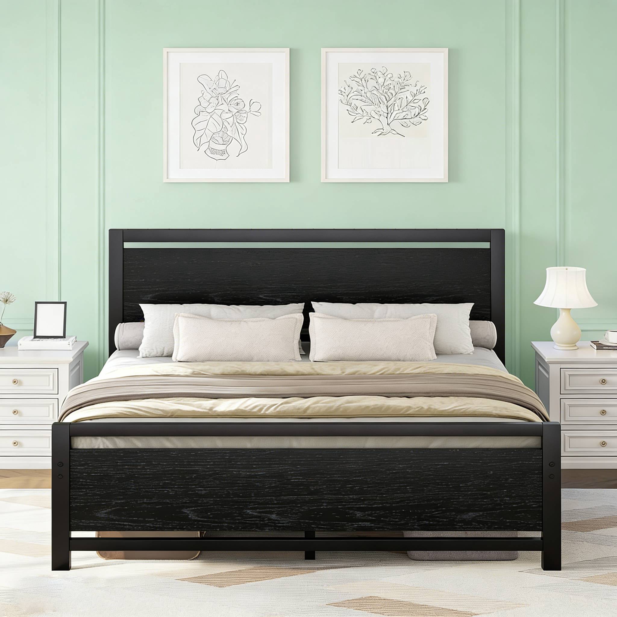4 EVER WINNER Queen Bed Frames with Headboard, Industrial Style Queen Bed Frame with Storage, Queen Size Bed Frames with Wooden Footboard, No Box Spring Needed, Noise-Free, Easy Assembly, Black Brown