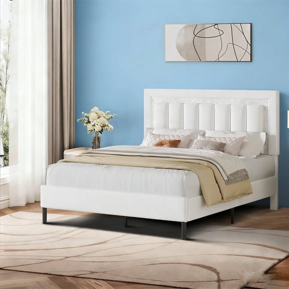 4 EVER WINNER Queen Bed Frames, Queen Bed Frame with Wooden Slats Support, Queen Bed with Diamond Vertical Stripe Design, Mattress Foundation, No Box Spring Needed, White
