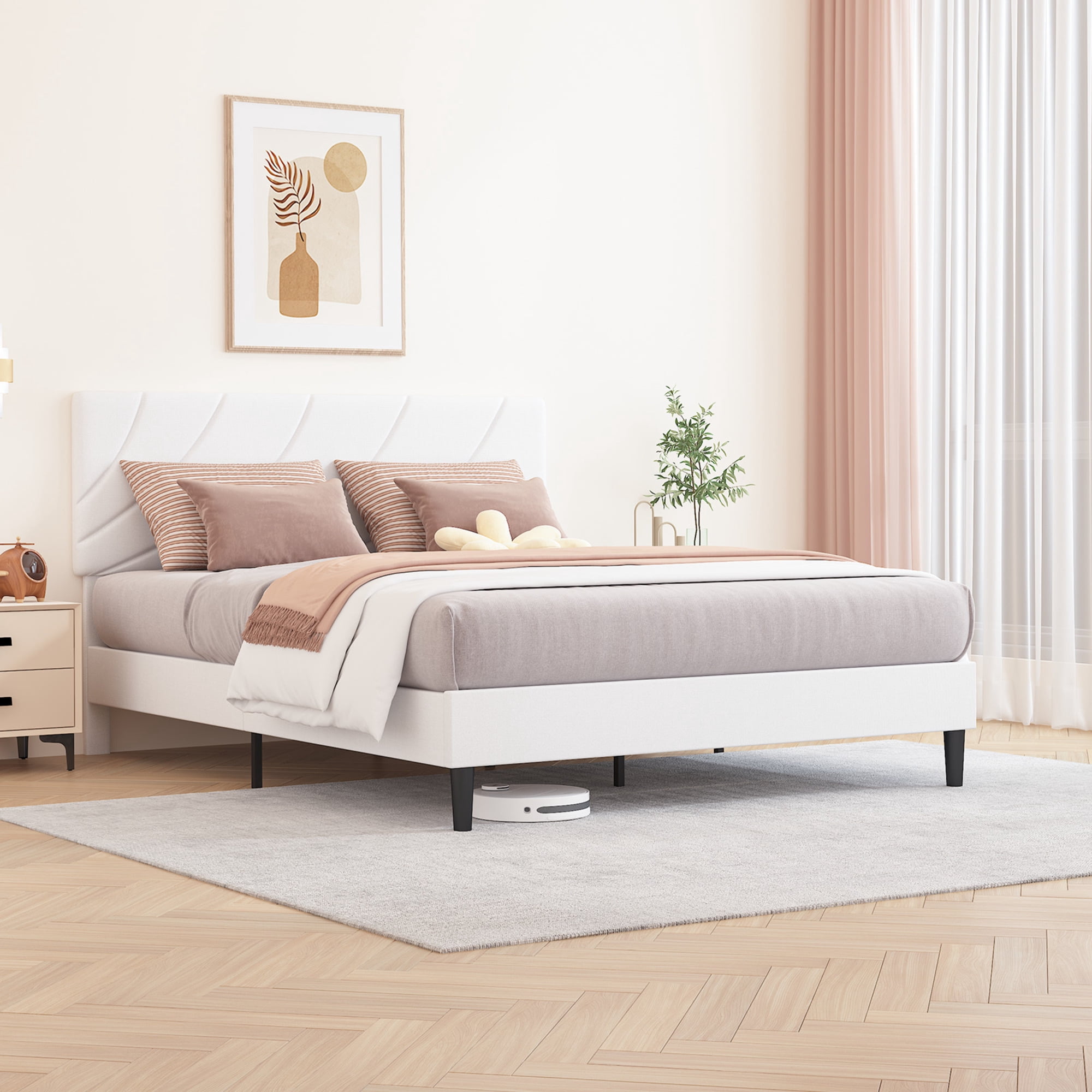 4 EVER WINNER Queen Bed Frames,Queen Size Bed Frame with Linen Fabric Upholstered Headboard and Wooden Slats Support,Adjustable Headboard, No Box Spring Needed, Noise-Free, Easy Assembly, White