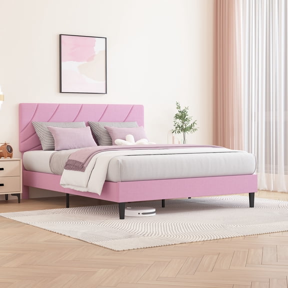 4 EVER WINNER Queen Bed Frames,Queen Size Bed Frame with Linen Fabric Upholstered Headboard and Wooden Slats Support,Adjustable Headboard, No Box Spring Needed, Noise-Free, Easy Assembly, Pink