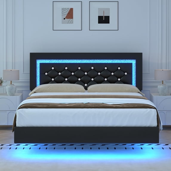 4 EVER WINNER Queen Floating Bed Frame with LED Lights, LED Upholstered Platform Bed Frame with Diamond Tufted Headboard, Black LED Bed Frame for Bedroom, Black