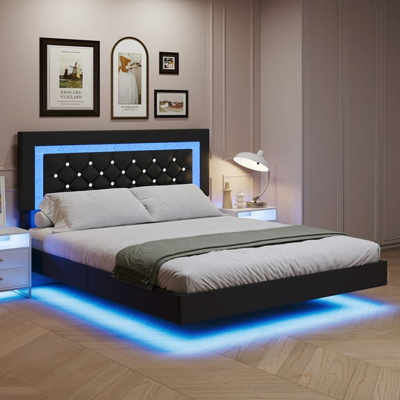 4 EVER WINNER Queen Size Floating Bed Frame with LED Lights, Upholstered Platform Bed Frame with Diamond Tufted Headboard, Black Queen Size Bed Frame, Black