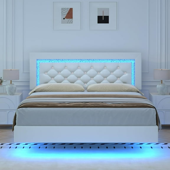 4 EVER WINNER Queen Floating Bed Frame with LED Lights, LED Upholstered Platform Bed Frame with Diamond Tufted Headboard, White LED Bed Frame for Bedroom, White