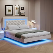 4 EVER WINNER Queen Size Floating Bed Frame with LED Lights, Upholstered Platform Bed Frame with Diamond Tufted Headboard, White Queen Size Bed Frame, White