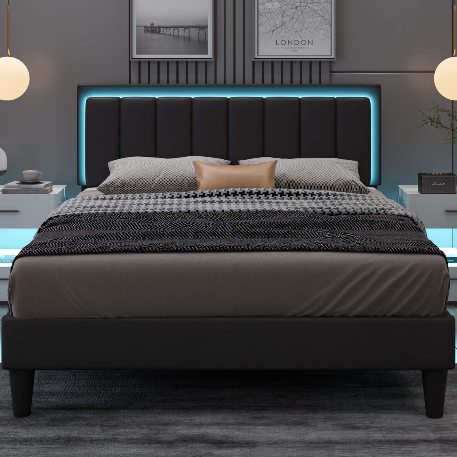 Tiptiper LED Floating Queen Bed Frame with Wall Mounted Headboard and