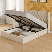 4 EVER WINNER Queen Lift Up Storage Bed Frame, Upholstered Platform Bed Frame with Headboard, Under Bed Storage, Beige