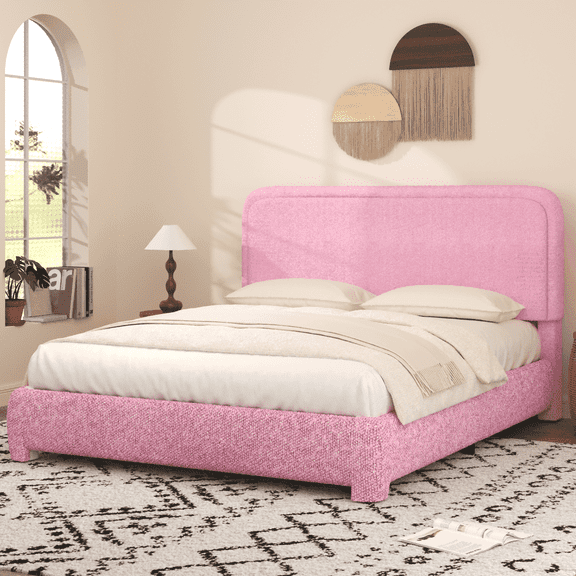4 EVER WINNER Queen Size Bed Frame, Boucle Upholstered Bed Frame with Headboard, No Box Spring Required, Easy Assembly, Dark Pink