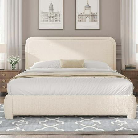 4 EVER WINNER Queen Size Bed Frame, Boucle Upholstered Bed Frame with Headboard, No Box Spring Required, Easy Assembly, Cream