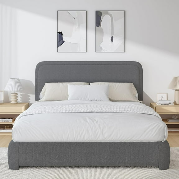 4 EVER WINNER Queen Size Bed Frame, Boucle Upholstered Bed Frame with Headboard, No Box Spring Required, Easy Assembly, Dark Gray