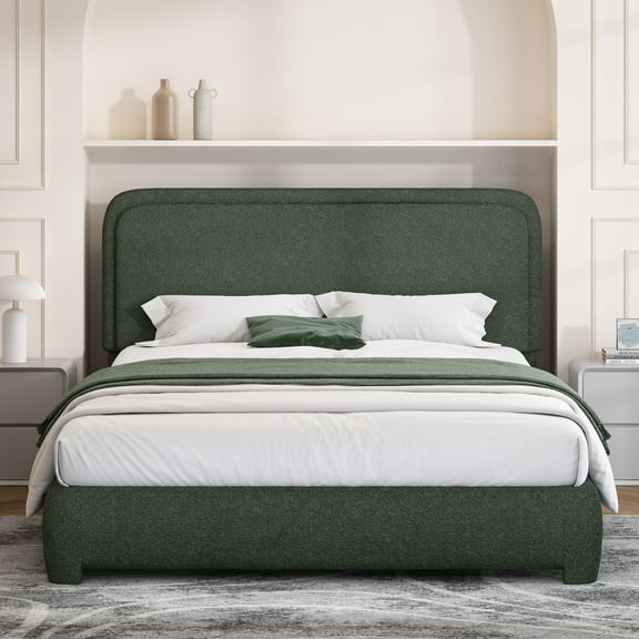 4 EVER WINNER Queen Size Bed Frame, Boucle Upholstered Bed Frame with Headboard, No Box Spring Required, Easy Assembly, Green