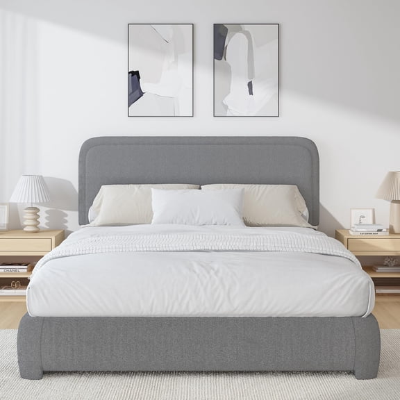 4 EVER WINNER Queen Size Bed Frame, Boucle Upholstered Bed Frame with Headboard, No Box Spring Required, Easy Assembly, Light Gray