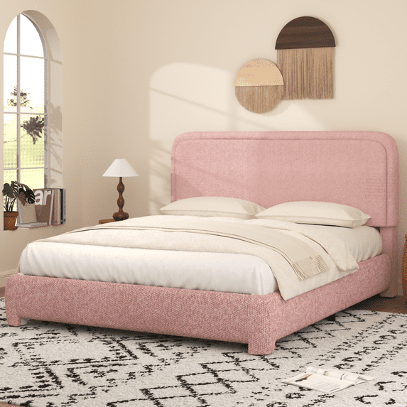 4 EVER WINNER Queen Size Bed Frame, Boucle Upholstered Bed Frame with Headboard, No Box Spring Required, Easy Assembly, Pink