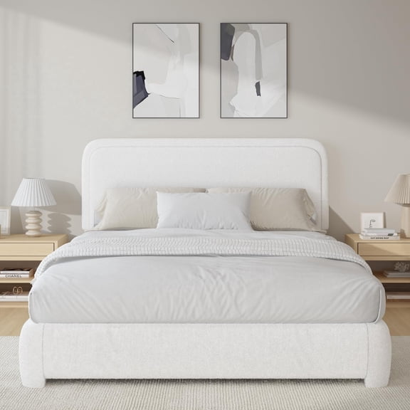 4 Ever Winner Boucle Upholstered Queen Bed Frame with Curved Headboard, White
