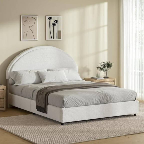 4 EVER WINNER Queen Size Bed Frame, Boucle Upholstered Bed Frame with Headboard, White Queen Bed Frame, White