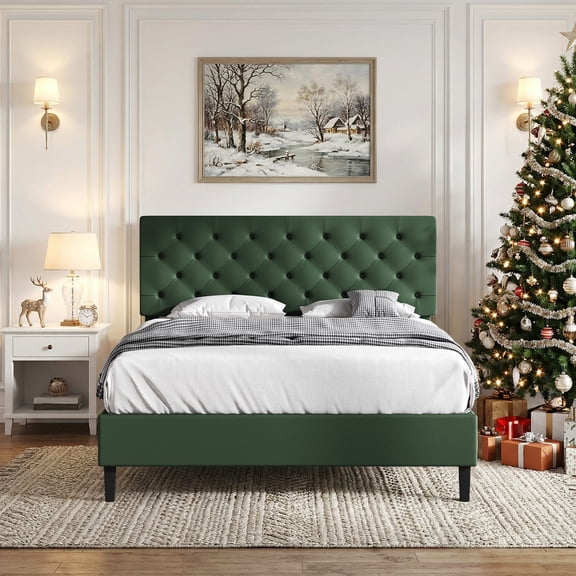 4 EVER WINNER Queen Size Bed Frame with Button Tufted Headboard, Upholstered Platform Bedframe with Wood Slat Support, Box Spring Needed, Noise Free, Easy Assembly, Faux Leather & Green