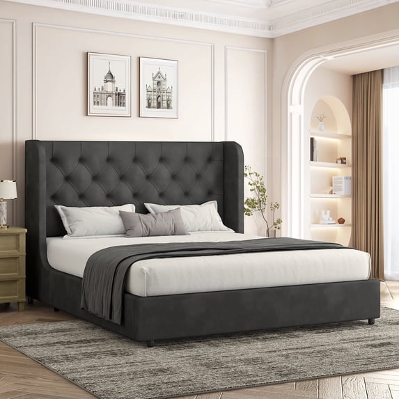 4 EVER WINNER Queen Size Bed Frame, Modern Upholstered Platform Bed Frame with Button Wingback Headboard, White