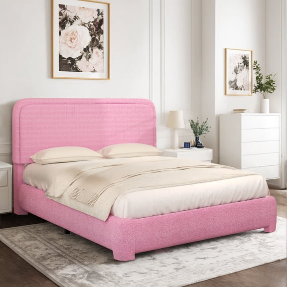 4 EVER WINNER Queen Size Bed Frame, Modern White Bed Frame with Headboard, Boucle Fabric Upholstered Bed Frame, Soft Curved Headboard, Pink