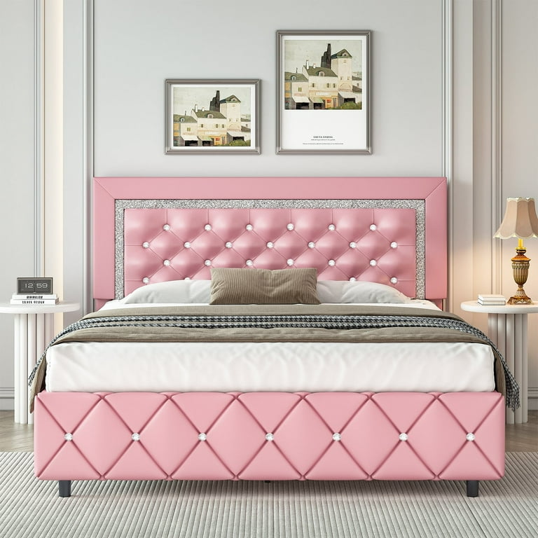 4 EVER WINNER Queen Size Bed Frame with Headboard, Pink Upholstered Platform Bed Frame, Diamond Tufted Headboard & Footboard, Pink 4 EVER WINNER Queen Size Bed Frame with Headboard, Pink Upholstered Platform Bed Frame, Diamond Tufted Headboard & Footboard, Pink