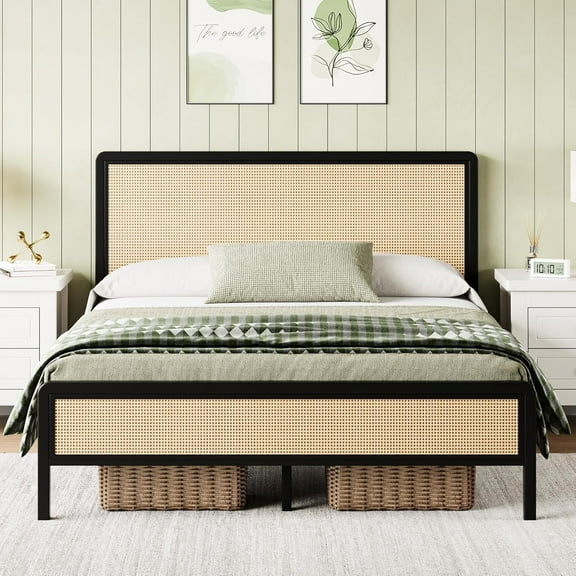 4 EVER WINNER Queen Size Bed Frame, Rattan Bed Frame with Natural Rattan Headboard and Footboard, No Box Spring Needed, Black
