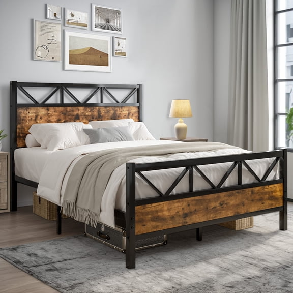 4 EVER WINNER Queen Size Bed Frame, Rustic Metal Bed Frame with 51" Wood Headboard, 12.2" Under-bed Storage Space, Brown