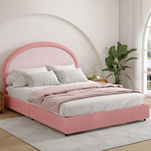 4 EVER WINNER Queen Size Bed Frame, Upholstered Bed Frame with Headboard, Modern Boucle Bed Frame, Pink