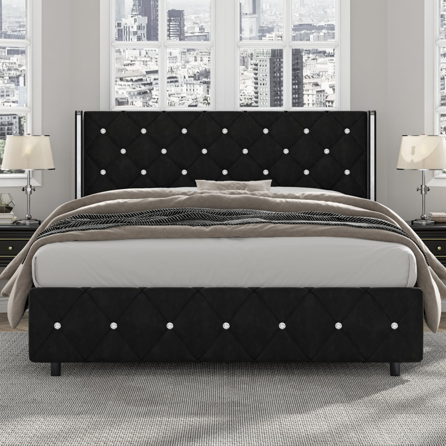 4 EVER WINNER Queen Size Bed Frame, Upholstered Platform Bed Frame with Wingback and Diamond
