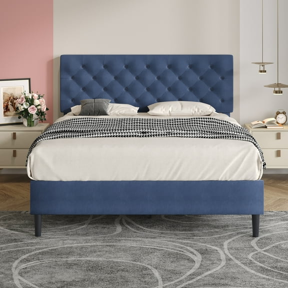 4 EVER WINNER Queen Size Bed Frame, Upholstered Platform Bed with Headboard, Button Tufted Headboard, Blue