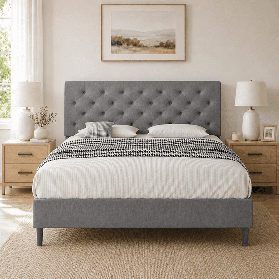 4 Ever Winner Queen Size Bed Frame, Upholstered Platform Bed with Headboard, Button Tufted Headboard, Gray